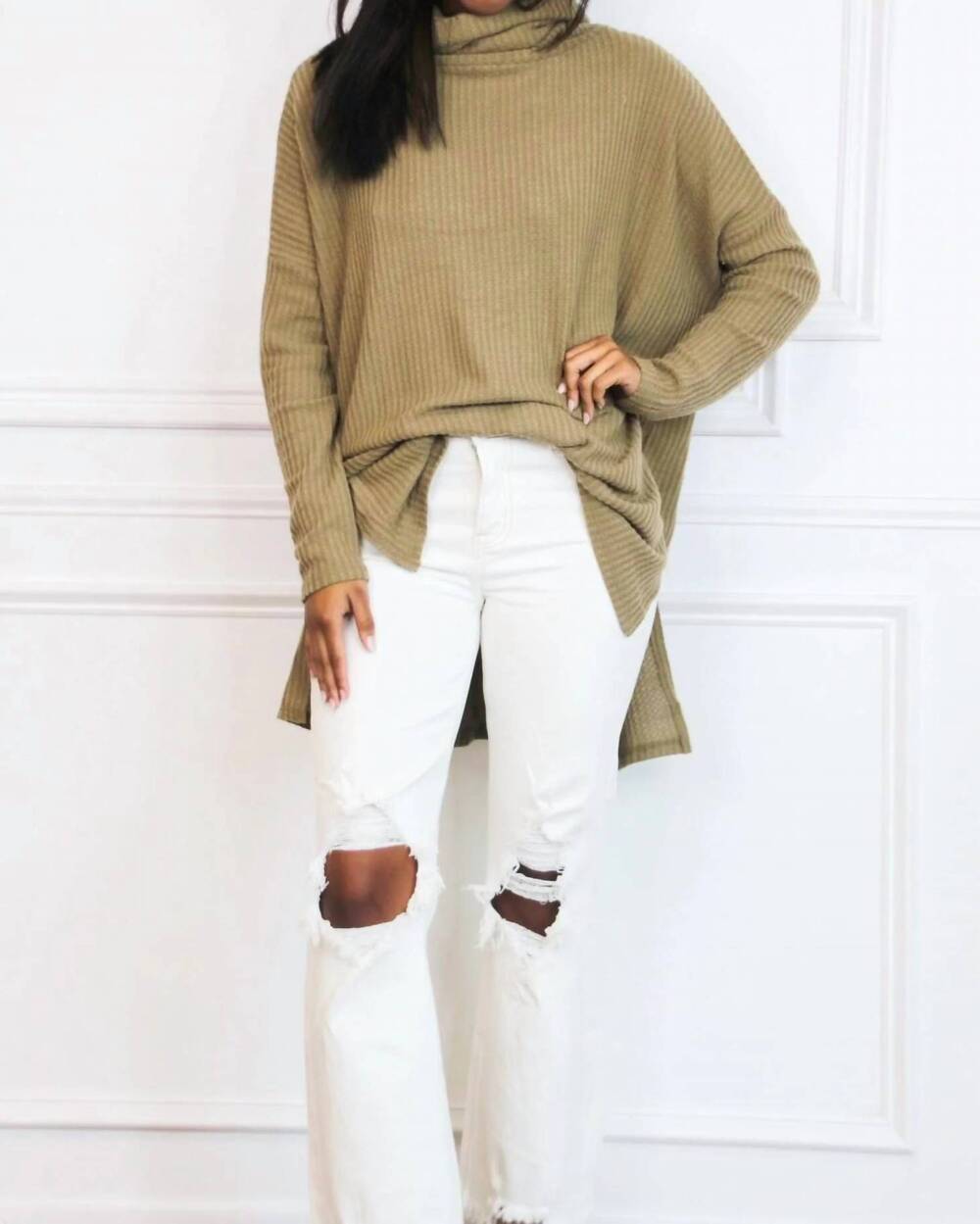 NEW ZENANA oversized long sleeves thermal sweater in olive